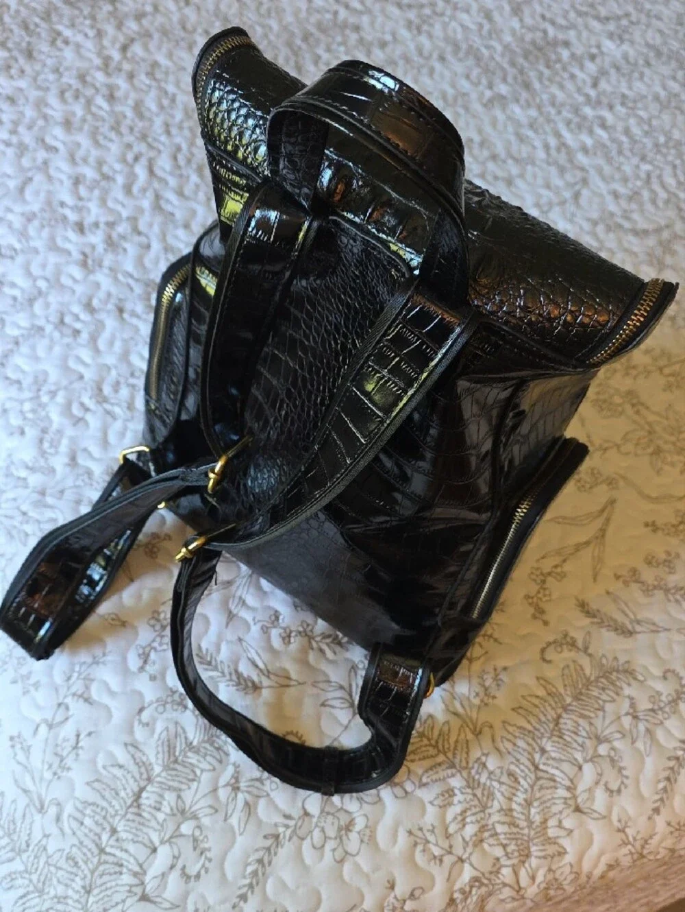 Black Croc-Embossed Backpack Purse - Unbranded